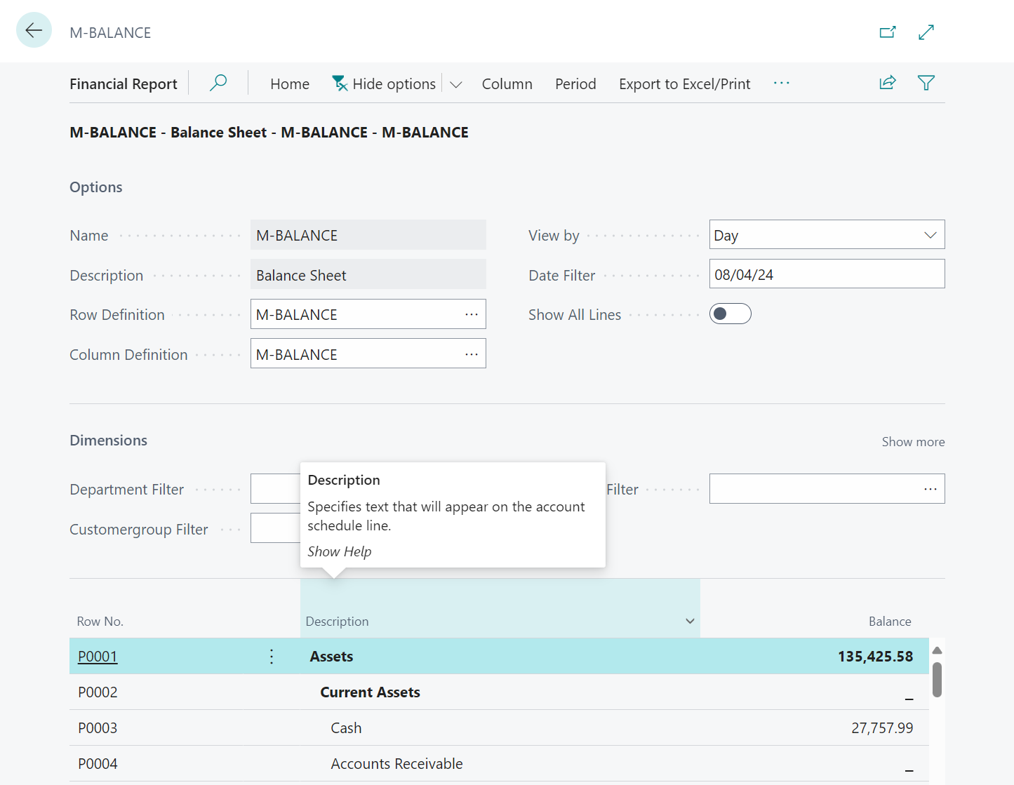 A screenshot of a customised financial report in Business Central