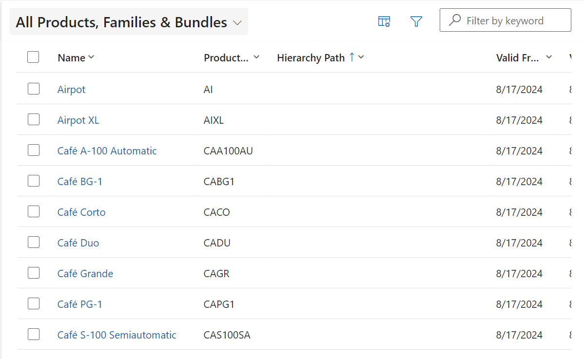 View in D365 Sales showing products, bundles and families