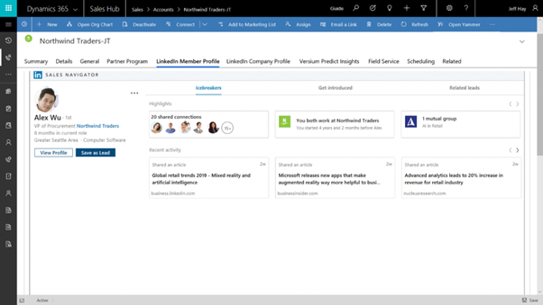 Screenshot showing using LinkedIn Sales Navigator in D365 Sales 