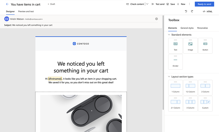 Screenshot of a personalised abandoned cart email created in D365 Customer Insights