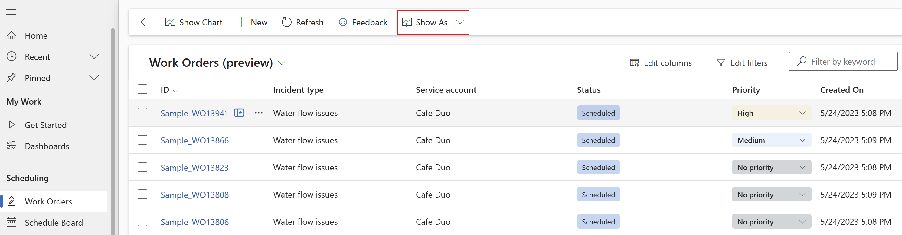 A view of work orders in D365 Field Service