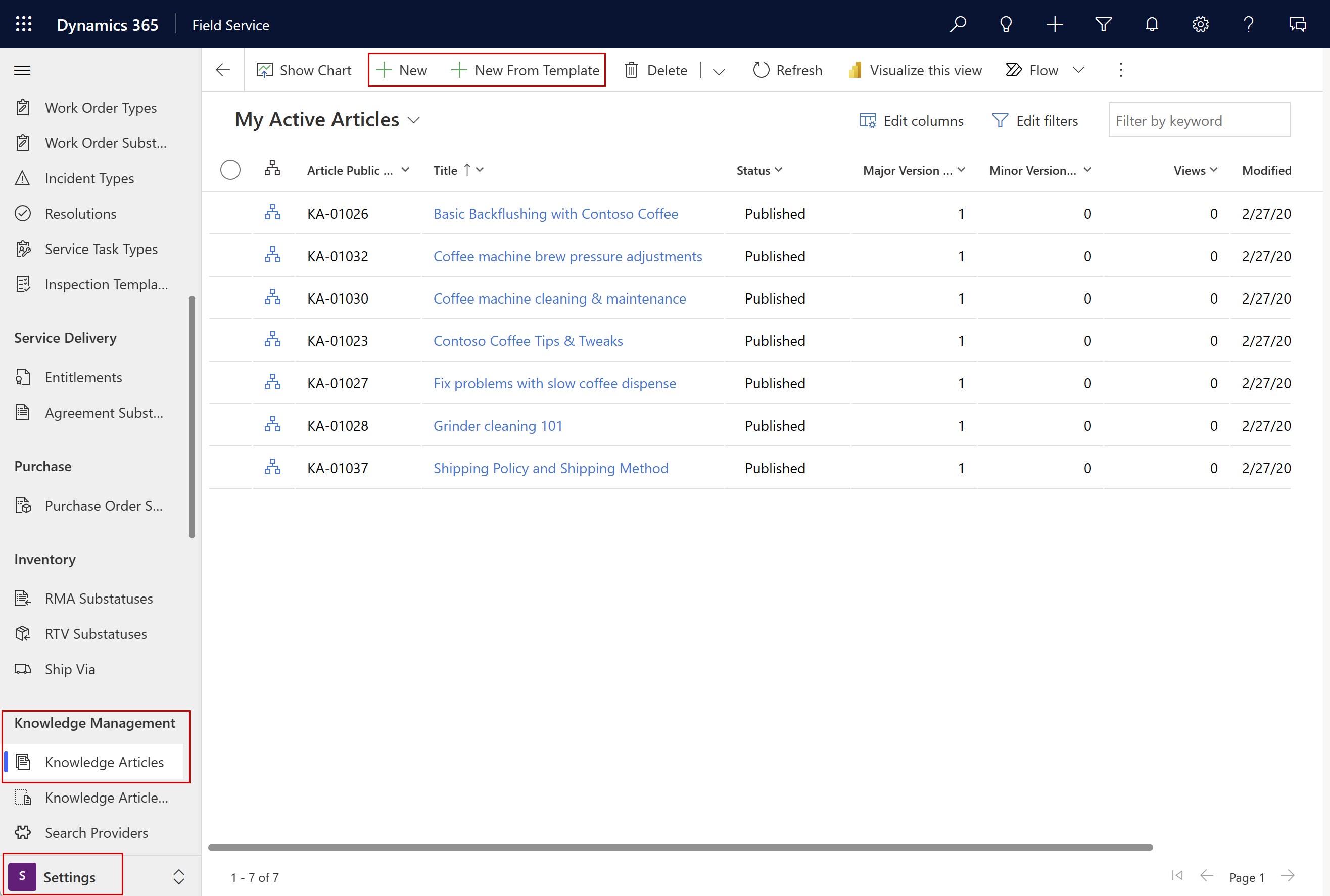 View of creating knowledge articles in D365