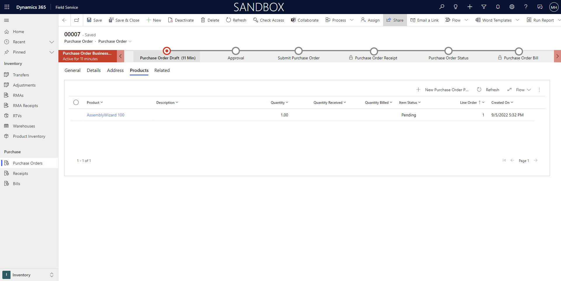 Screenshot of purchase order creation in D365