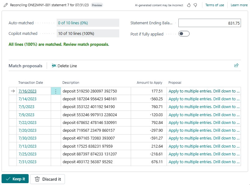 Screenshot showing Copilot's bank reconciliation capabilities in Business Central