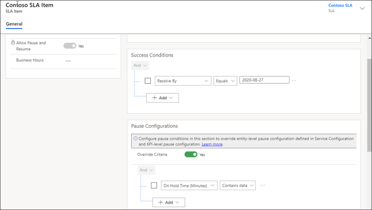 Screenshot showing SLA configuration