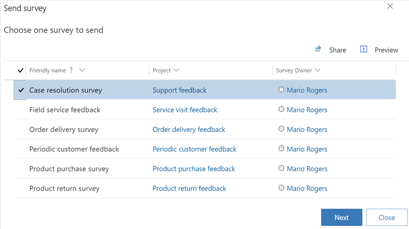 Image show the surveys you can send in D365 Customer Service