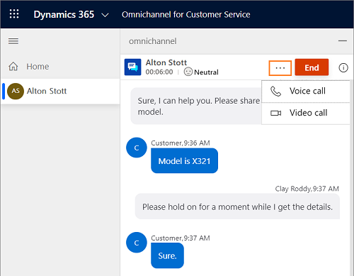 Options to voice and video call a customer in D365 Customer Service