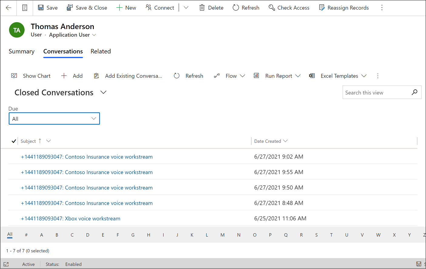 View of call recording for a contact in D365