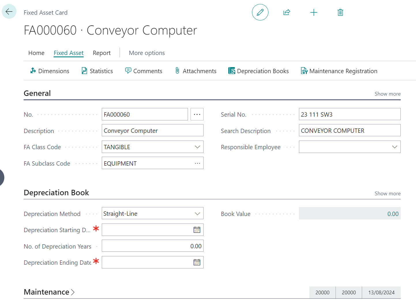 View of a 'fixed asset card' with fixed asset details in Business Central