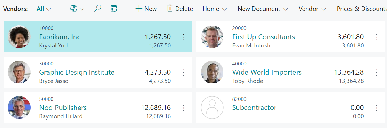 List of vendors shown in Business Central