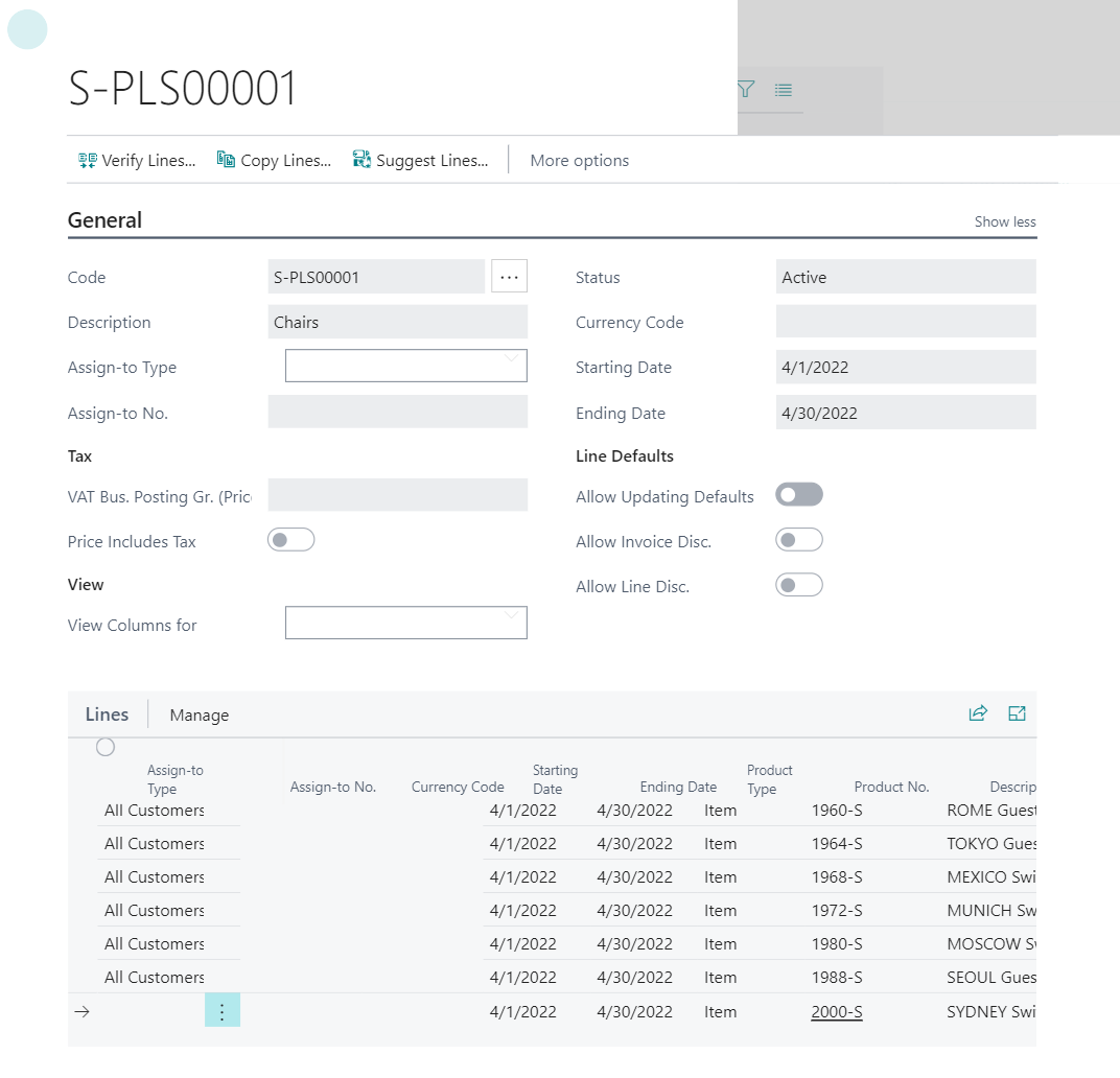 Screenshot showing editable price lists in Business Central