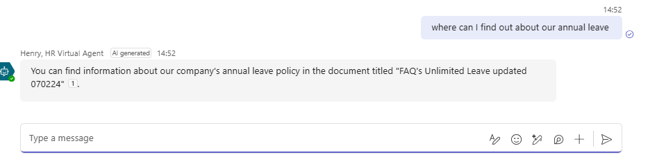 A screenshot of someone asking the HR bot where they can find annual leave information, with a response to where the policy document is stored